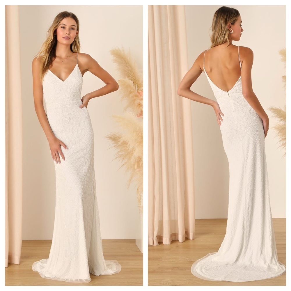 Lulus Cherished Vow White Beaded Backless Mermaid Maxi Dress